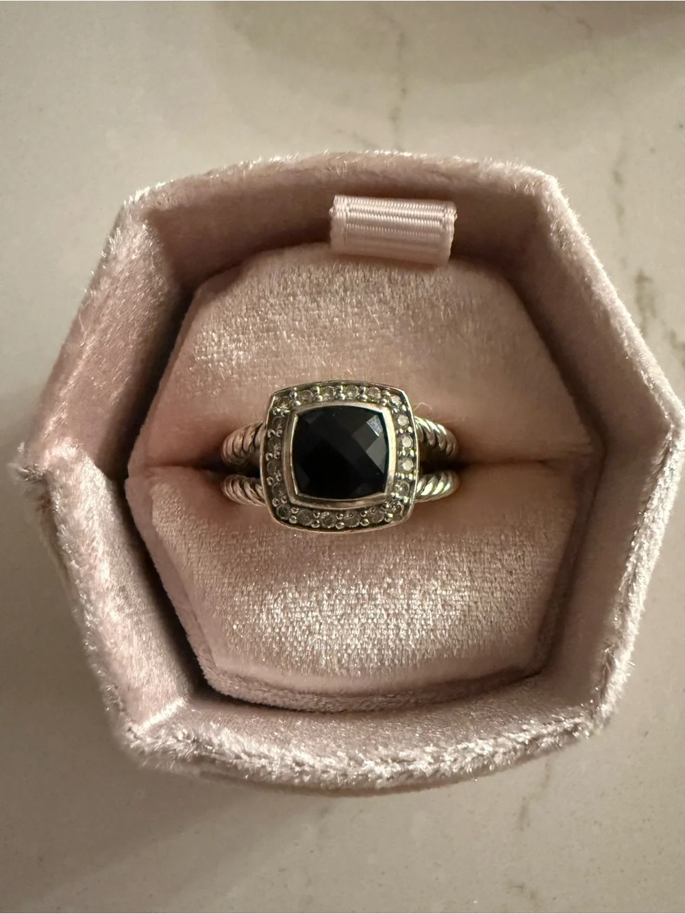 David Yurman Silver Ring with Black Center and Pavé Diamonds - Picture 3 of 6